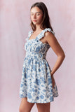 Blue Floral Print Denim Dress