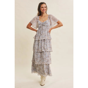 Baby Blue Floral Tiered Ruffle Midi Dress