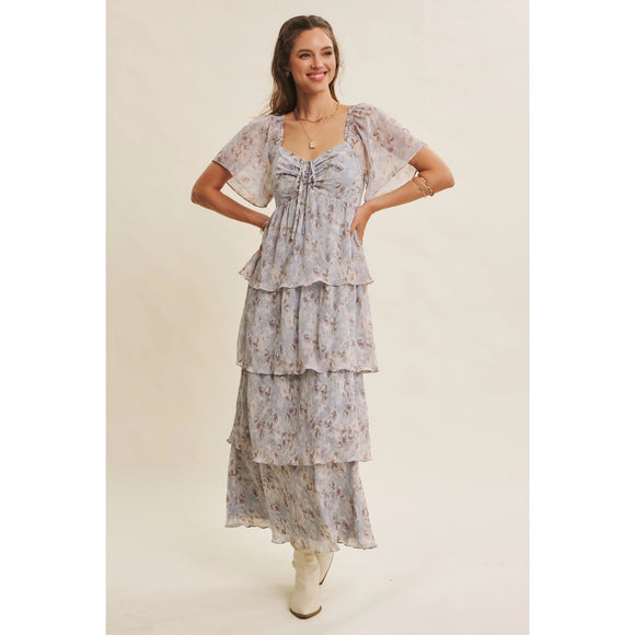 Baby Blue Floral Tiered Ruffle Midi Dress