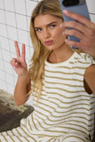 Olive Striped Round Neck Short Sleeve Top