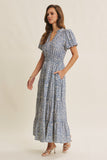 Leaf Pattern Bubble Sleeve Maxi Dress