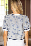 Blue Floral Striped Trim Puff Sleeve Top