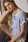 Blue Geo Print Short Sleeve Sweater Top