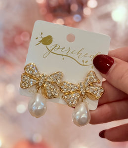 Gold Large Bow Teardrop Pearl Studs