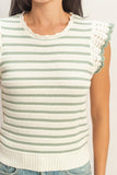 Sage Green Stripe Crochet Flutter Top