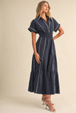 Navy Smocked Waist White Piping Midi