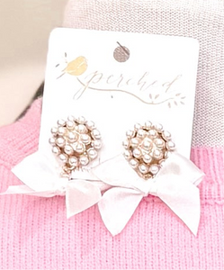 White Satin Bow Pearl Disc Studs