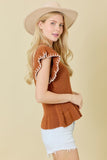 Rust Floral Embroidered Ruffle Top