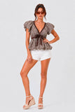 Brown Gingham Bubble Sleeve Tie Top