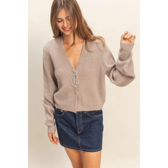 Taupe Rhinestone Bow Cardigan