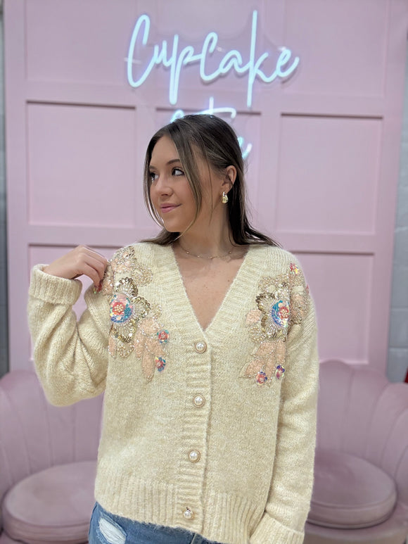 Sequin Floral Button Sweater Cardigan