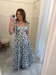 Blue Flower Print Maxi Dress with Ties