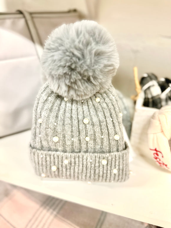 Grey Pearl Knit Beanie Hat