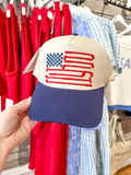 USA Flag Golf Clubs on Tan Cap with Navy Bill
