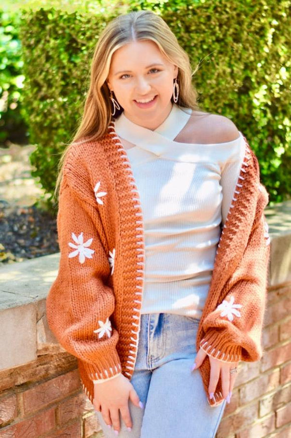 Rust Embroidered Flower Cardigan