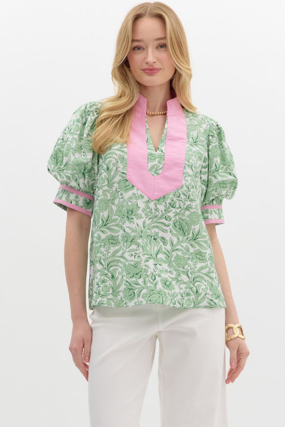 Green & Pink Floral Puff Sleeve Top