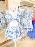 Deep V Blue & White Floral Dress