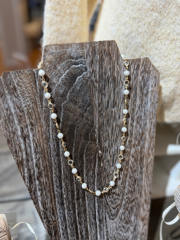 Gold - Pearl & Clear Disc Necklace