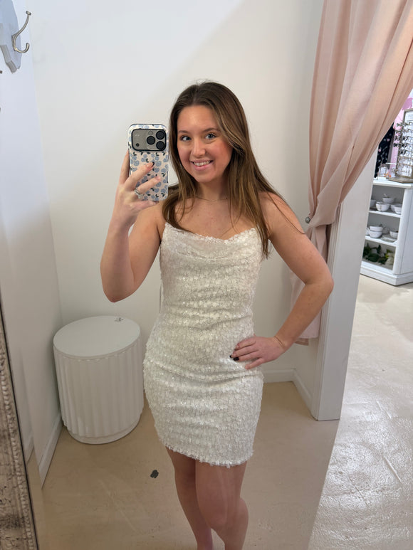 White Beaded Cowl Neck Mini Dress