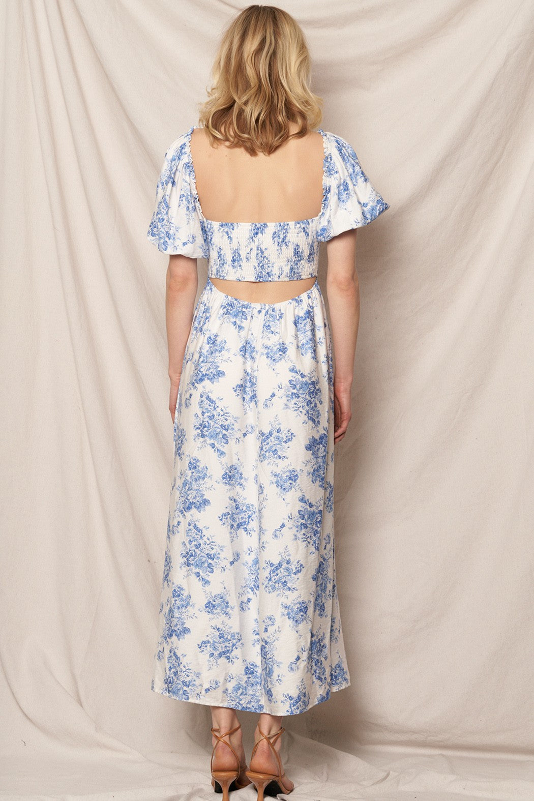 blue and white floral puff sleeve dress Blue And White Floral Print Babydoll Dress With Puff Sleeves Final Sale main image 0