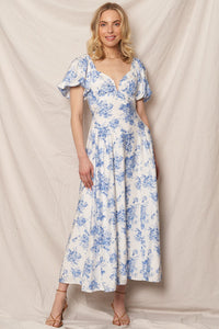 Baby Blue & White Floral Puff Sleeve Maxi