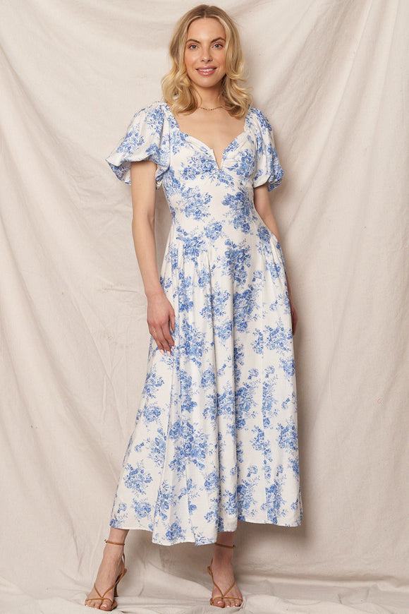 Baby Blue & White Floral Puff Sleeve Maxi Fashion Cupcake Baby Blue & White Floral Puff Sleeve Maxi Fashion Cupcake