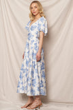 Baby Blue & White Floral Puff Sleeve Maxi