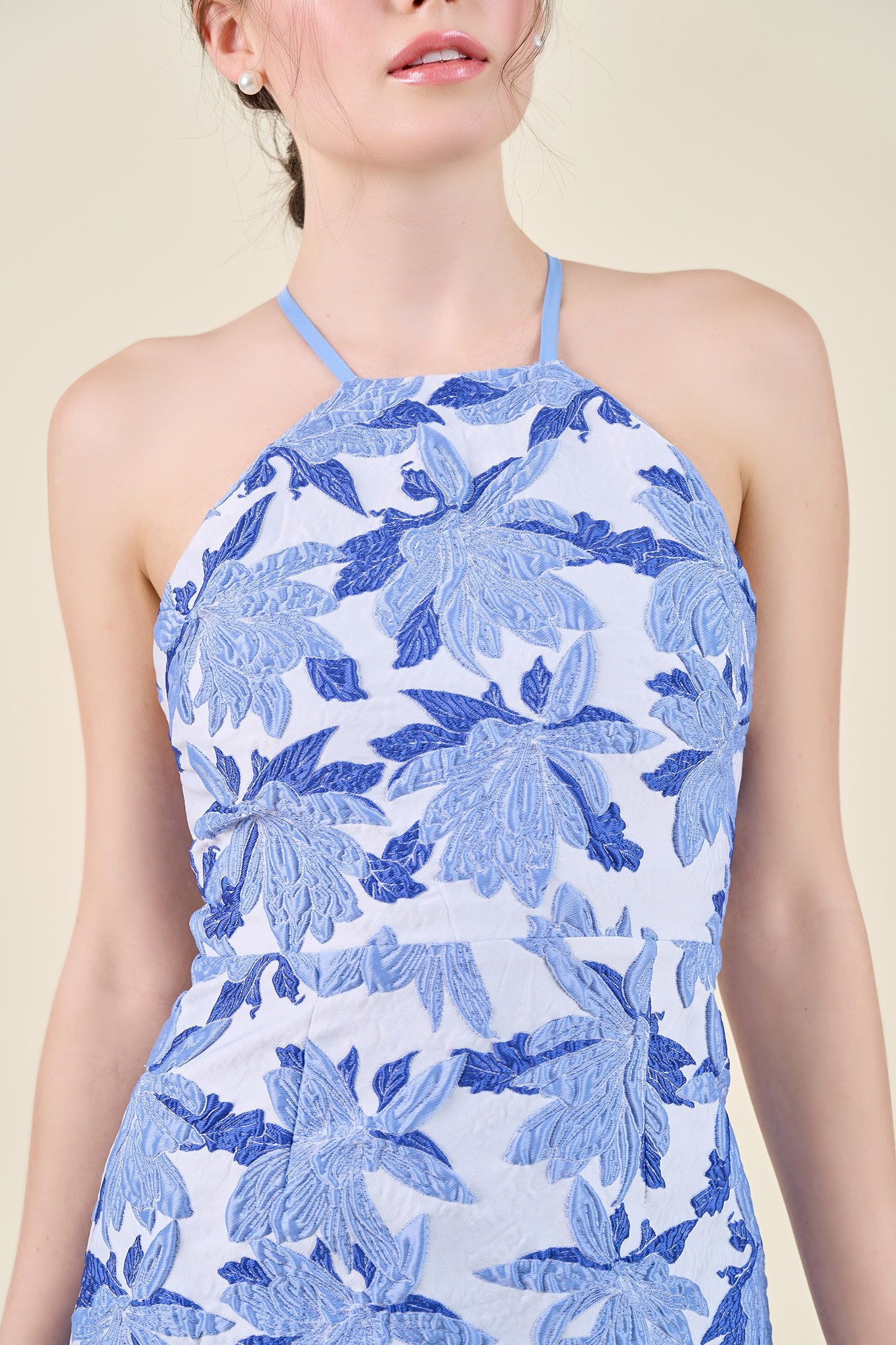 Blue Jacquard Cross Back Halter Dress Fashion Cupcake Blue Jacquard Cross Back Halter Dress Fashion Cupcake