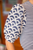 Blue Stripe Embroidered Puff Sleeve