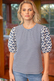 Blue Stripe Embroidered Puff Sleeve