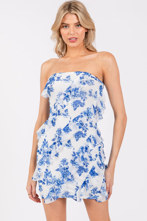 Blue & White Floral Strapless Mini Dress Fashion Cupcake Blue & White Floral Strapless Mini Dress Fashion Cupcake