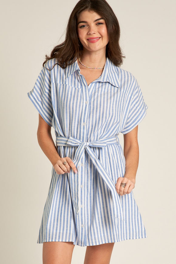 Blue & White Striped Collared Tie Dress