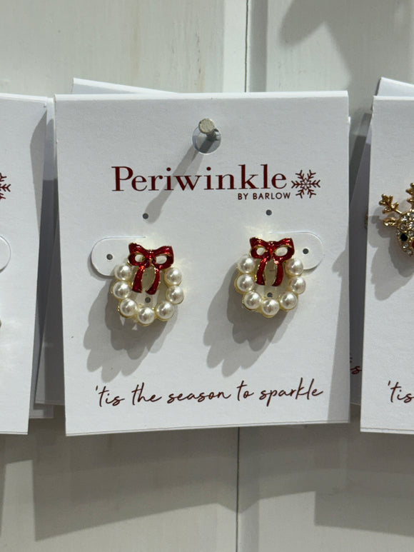 Earrings - Pearl Wreath W/ Red Bow