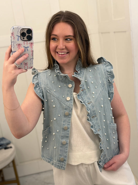 Light Denim Ruffle Pearl Vest