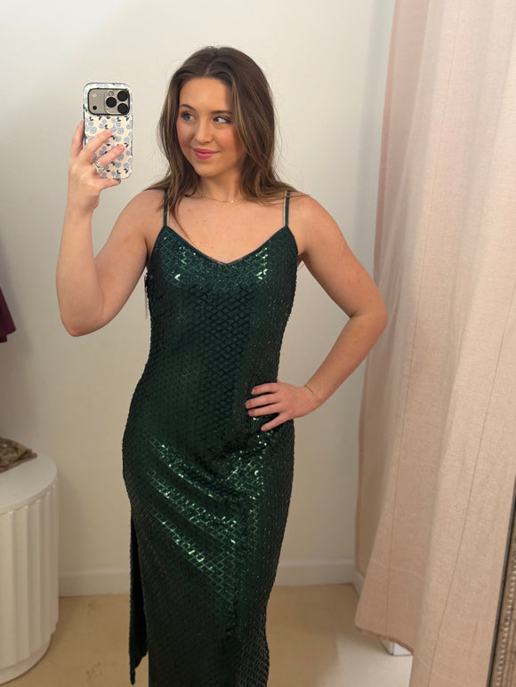 Hunter Green Beaded Maxi Dress