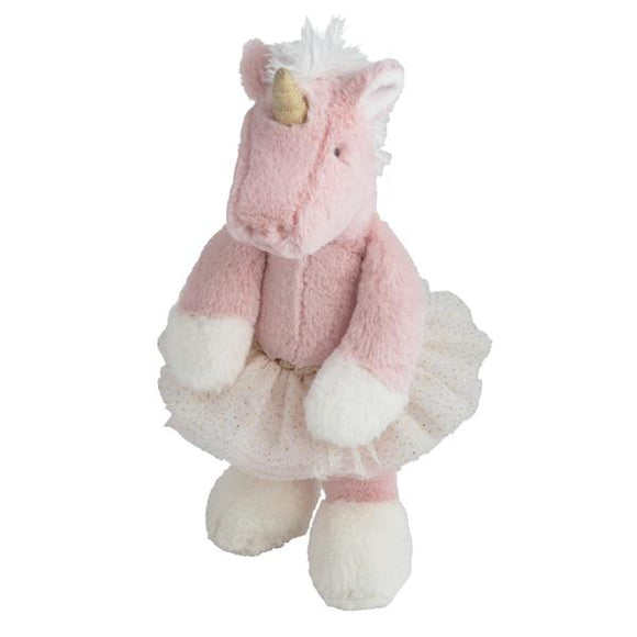 Pink plush unicorn toy on a white background