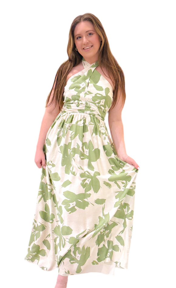 Green Leaf Print Midi Halter Dress