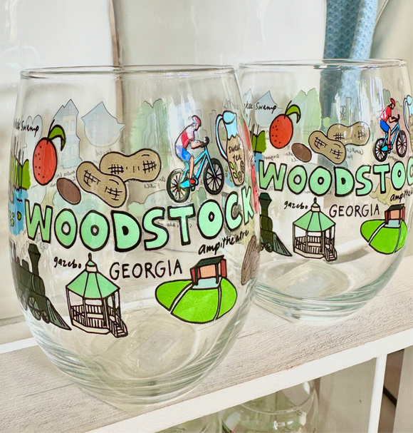 Woodstock Themed Stemless Wine Glass