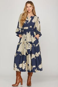 Navy Floral Tiered Midi Dress