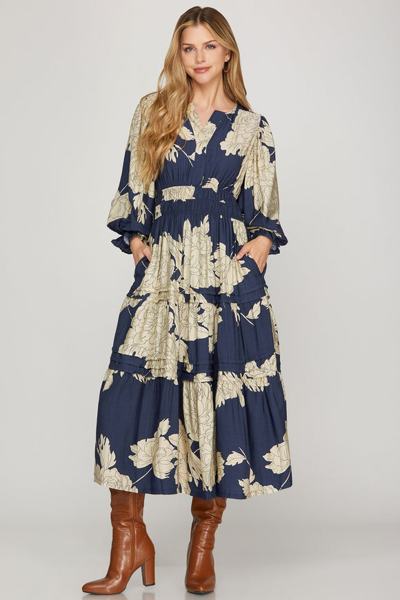 Navy Floral Tiered Midi Dress