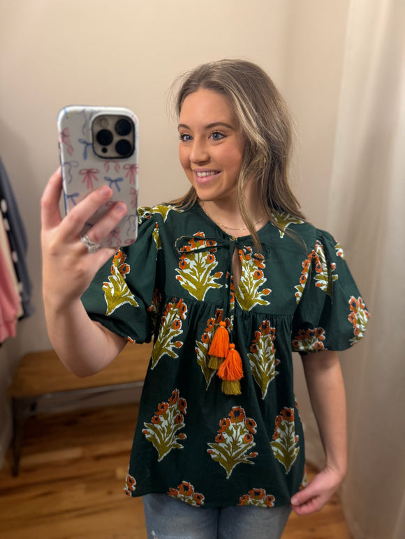 Dark Green & Orange Floral Tie Top