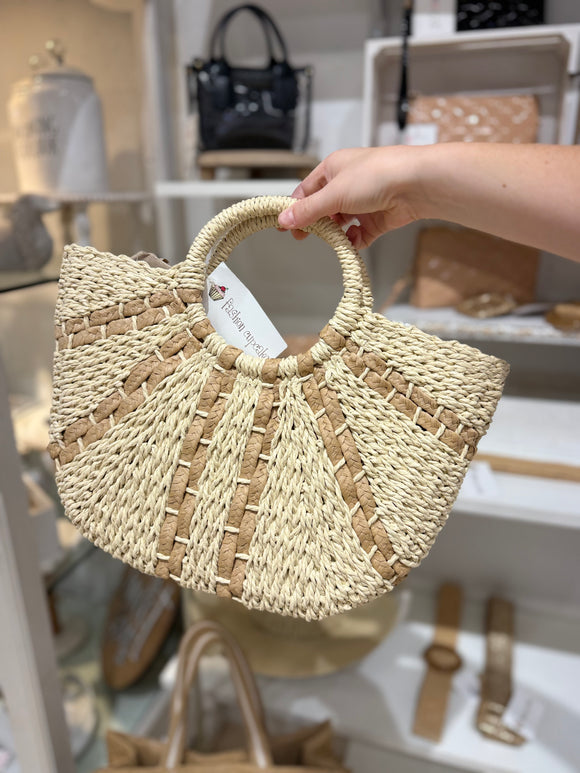 Two Tone Rattan Round Handle Bag