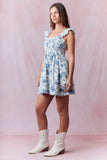Blue Floral Print Denim Dress