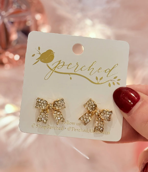 Petitie Gold Rhinestone Bow Studs