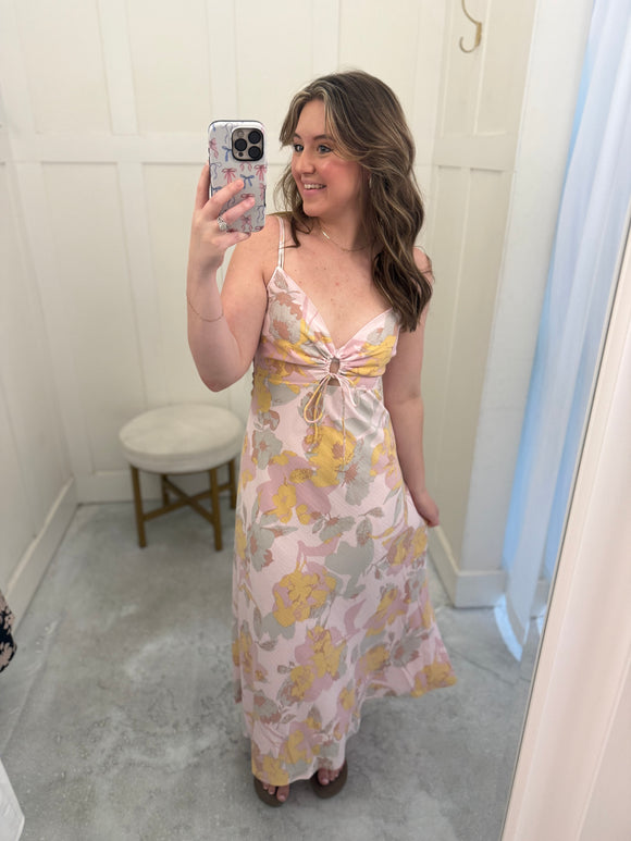 Pink & Yellow Strappy Floral Maxi Dress