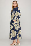 Navy Floral Tiered Midi Dress
