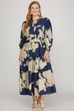 Navy Floral Tiered Midi Dress