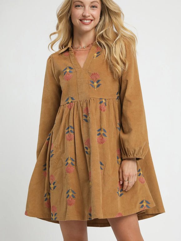 Embroidered Flower Corduroy Dress