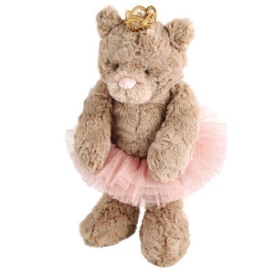 Plush teddy bear with a pink tutu and gold crown on a white background