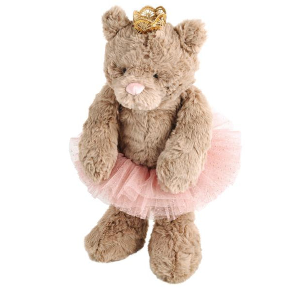 Plush teddy bear with a pink tutu and gold crown on a white background